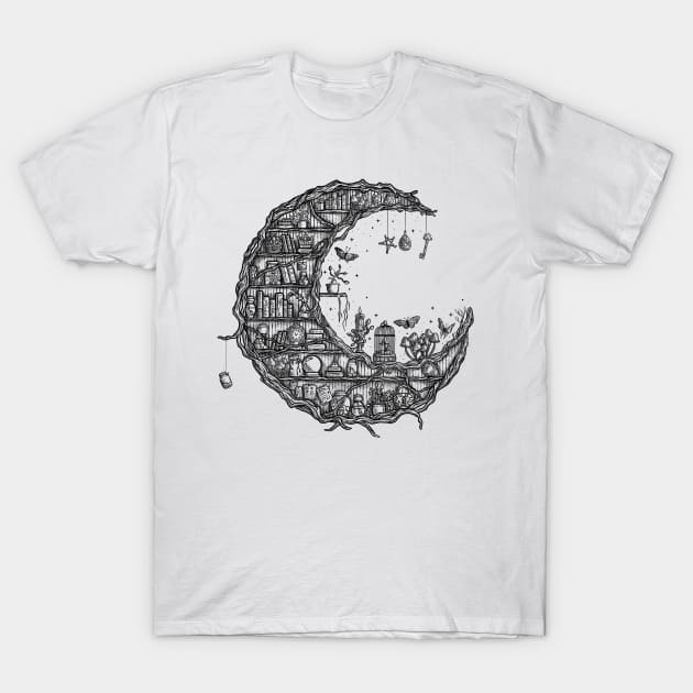 Crescent moon fantasy bookshelf T-Shirt by Pamaloo1 